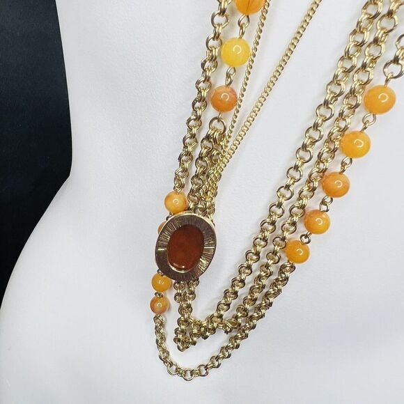 Long Multi Strand Layered Gold Tone wine Red Cabochon Necklace Amber Beads 4181 - Picture 5 of 9